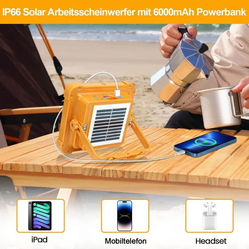 2x LED Solar Arbeitsleuchte Akku Aufladbar Baustrahler Flutlicht
