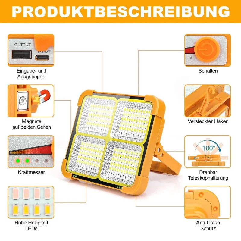 2x LED Solar Arbeitsleuchte Akku Aufladbar Baustrahler Flutlicht