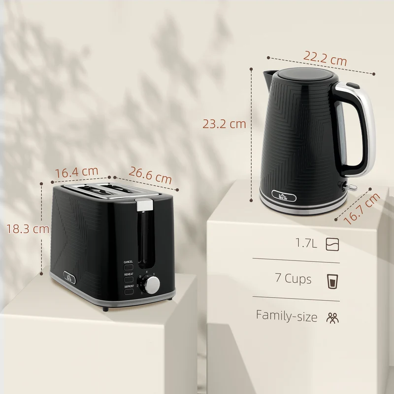 Kettle and Toaster Set, 1.7L 3000W Rapid Boil Jug Kettle with Otter Thermostat, Limescale Filter, 2 Slice Toaster with 7 Browning Controls, Crumb Tray, Black