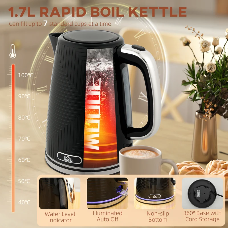 Kettle and Toaster Set, 1.7L 3000W Rapid Boil Jug Kettle with Otter Thermostat, Limescale Filter, 2 Slice Toaster with 7 Browning Controls, Crumb Tray, Black