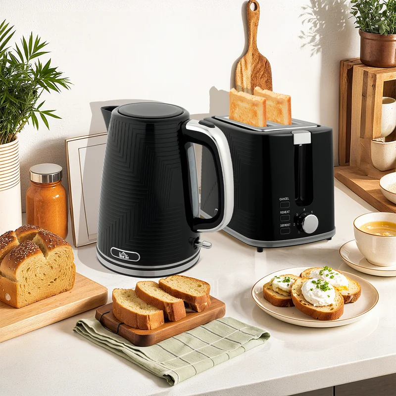 Kettle and Toaster Set, 1.7L 3000W Rapid Boil Jug Kettle with Otter Thermostat, Limescale Filter, 2 Slice Toaster with 7 Browning Controls, Crumb Tray, Black