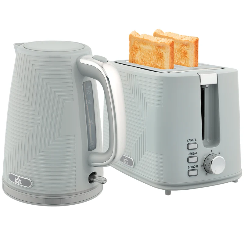 Kettle and Toaster Set, 1.7L 3000W Rapid Boil Jug Kettle with Otter Thermostat, Limescale Filter, 2 Slice Toaster with 7 Browning Controls, Crumb Tray, Grey