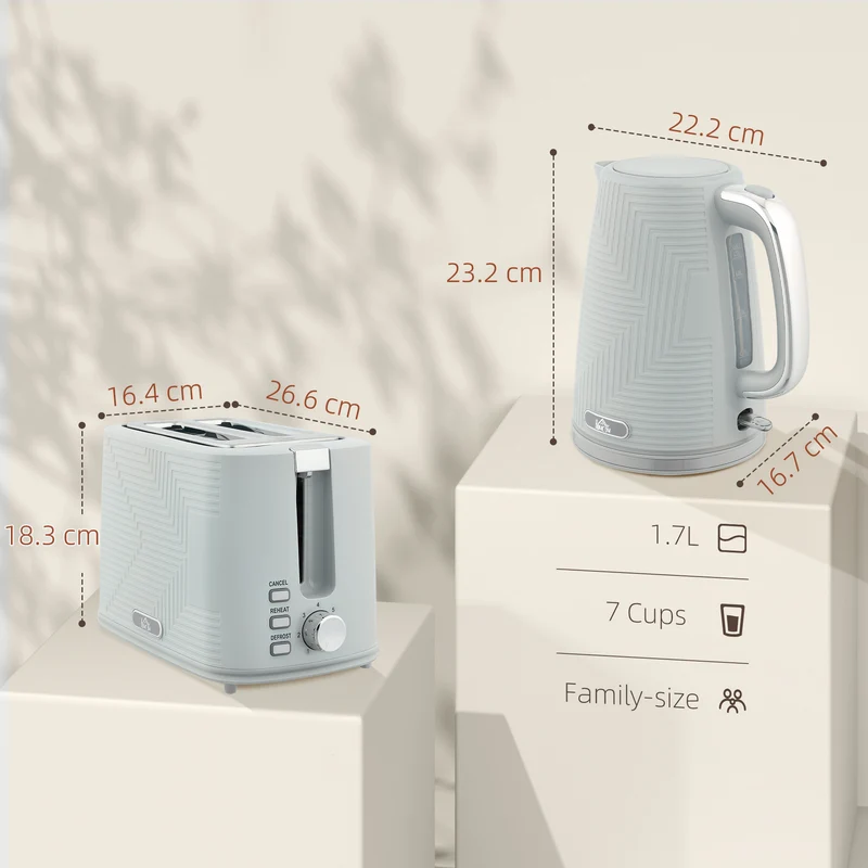 Kettle and Toaster Set, 1.7L 3000W Rapid Boil Jug Kettle with Otter Thermostat, Limescale Filter, 2 Slice Toaster with 7 Browning Controls, Crumb Tray, Grey