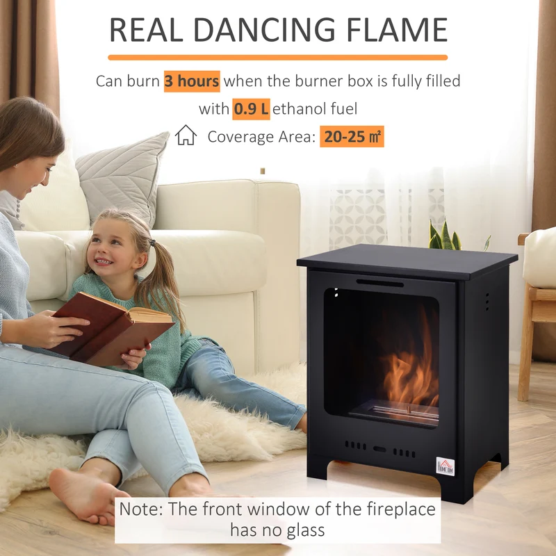 Freestanding Ethanol Fireplace with 0.9L Tank, 3 Hours Burning Time for Indoor, Black