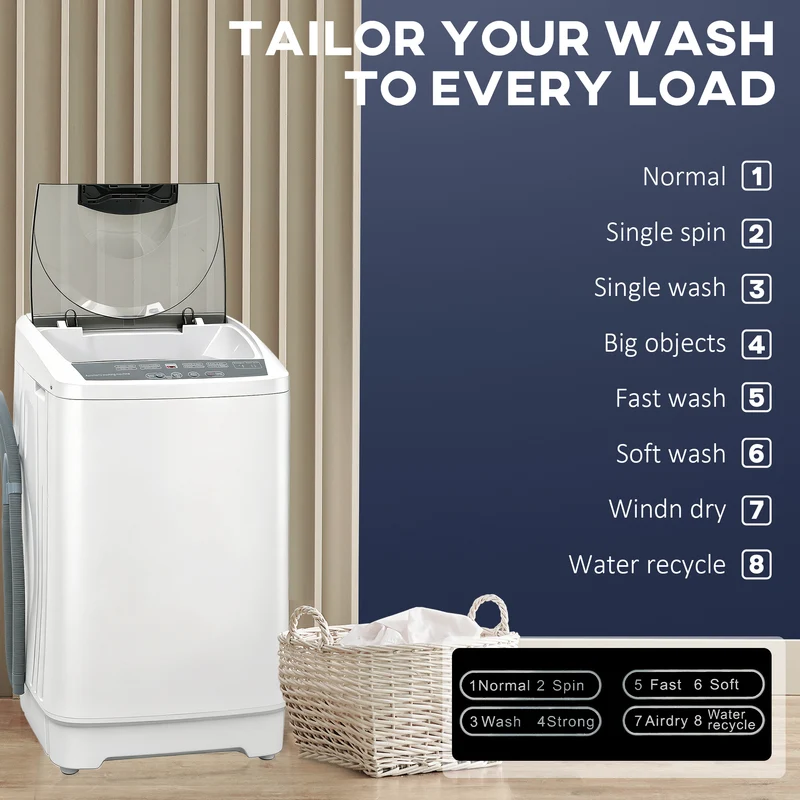 Compact Portable 1.3 Cu Ft Washing Machine with 8 Programs, 6 Levels, White