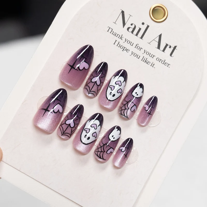 Halloween-Themed Press-On Nail Set mit Gespenst und Spinnen Designs