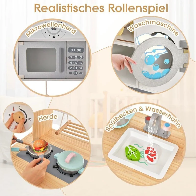 Kinderküche Spielküche aus Holz inkl. Mikrowelle + 17tlg Zubehör