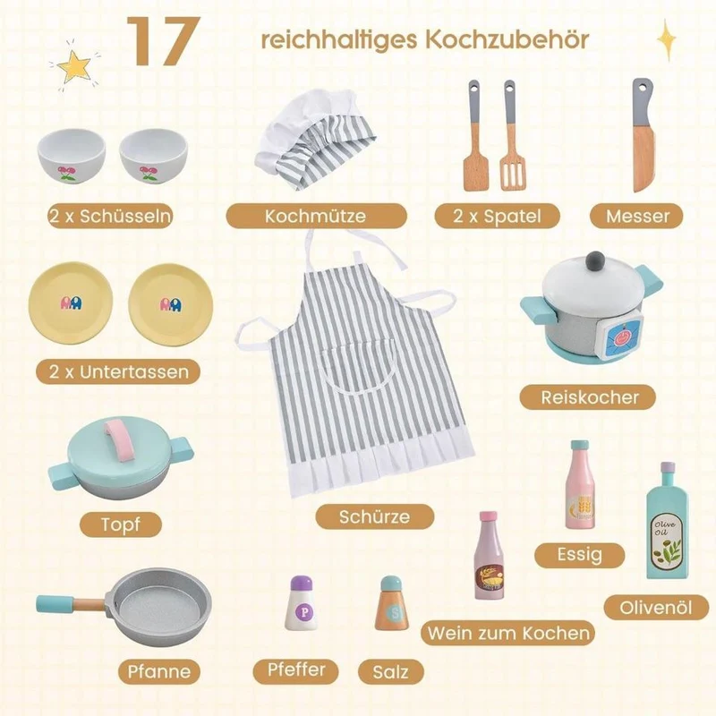 Kinderküche Spielküche aus Holz inkl. Mikrowelle + 17tlg Zubehör