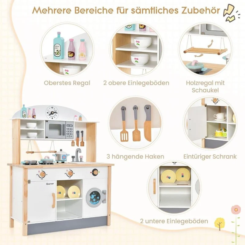 Kinderküche Spielküche aus Holz inkl. Mikrowelle + 17tlg Zubehör