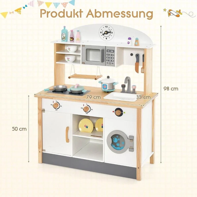 Kinderküche Spielküche aus Holz inkl. Mikrowelle + 17tlg Zubehör