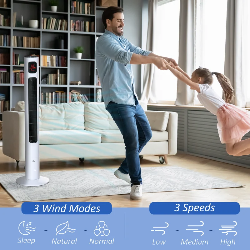 46'' Freestanding Tower Fan, 70° Oscillating Bladeless Standing Fan with 3 Speeds, White