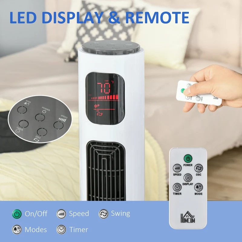 46'' Freestanding Tower Fan, 70° Oscillating Bladeless Standing Fan with 3 Speeds, White
