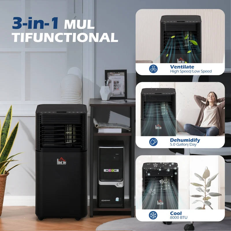 10,000 BTU Portable AC Unit with Dehumidifier & Fan, Rooms up to 441 Sq. ft, Black