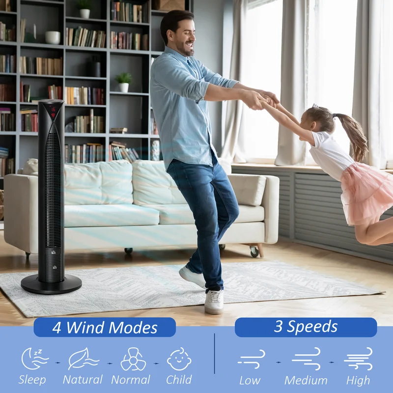 Freestanding Tower Fan Cooling for Home Bedroom with Oscillating & 4 Modes, Black