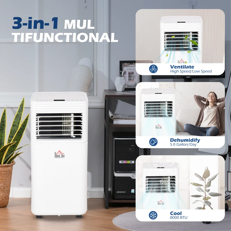 8000 BTU Portable AC Unit with Sleep Modes & Remote Control up to 344 Sq. ft, White