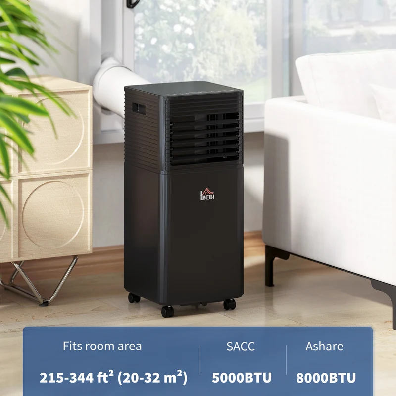8,000 BTU Portable AC Unit with Dehumidifier & Fan, Rooms up to 344 Sq. ft for Home, Black