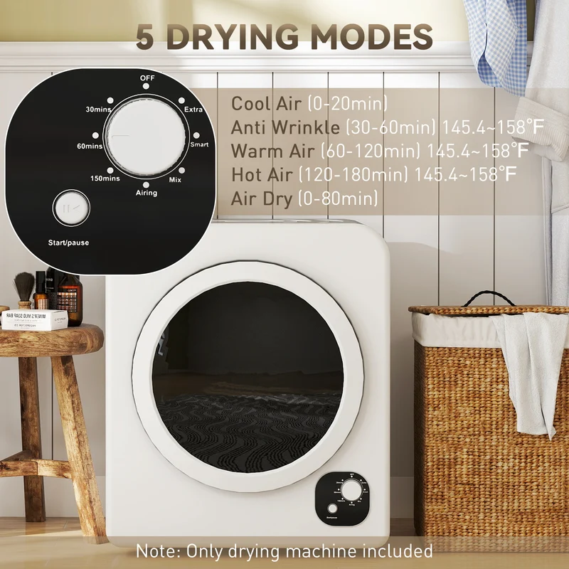 120V Portable Clothes Dryer, 3.3 Cu. Ft Laundry Dryer with Stainless Steel Tub, White