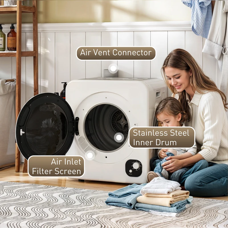 120V Portable Clothes Dryer, 3.3 Cu. Ft Laundry Dryer with Stainless Steel Tub, White