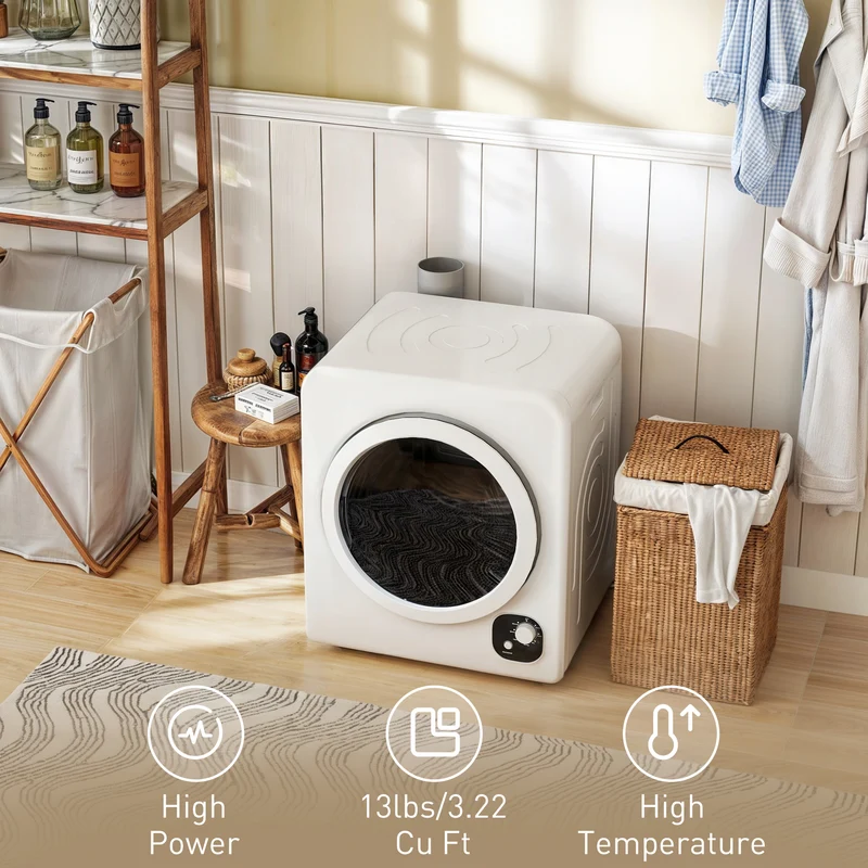 120V Portable Clothes Dryer, 3.3 Cu. Ft Laundry Dryer with Stainless Steel Tub, White