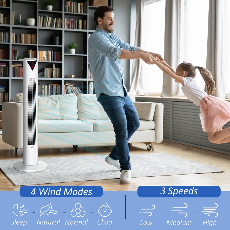 Freestanding Tower Fan Cooling for Home Bedroom with Oscillating & 4 Modes, White