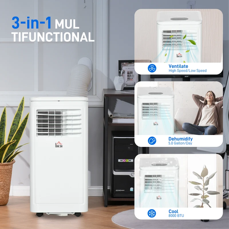 8000 BTU Mobile Portable Air Conditioner with Cooling, Dehumidifier, Portable AC Unit, Cream White