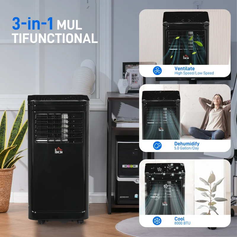 8000 BTU Mobile Portable Air Conditioner with Cooling, Dehumidifier, Portable AC Unit, Black