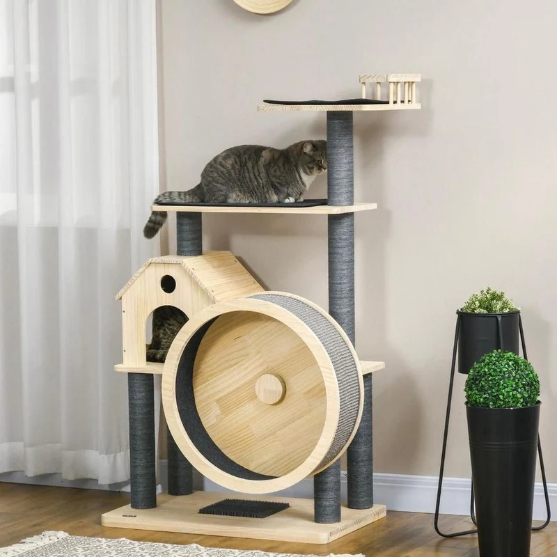 143cm Kratzbaum mit Laufrad Katzenbaum Holz
