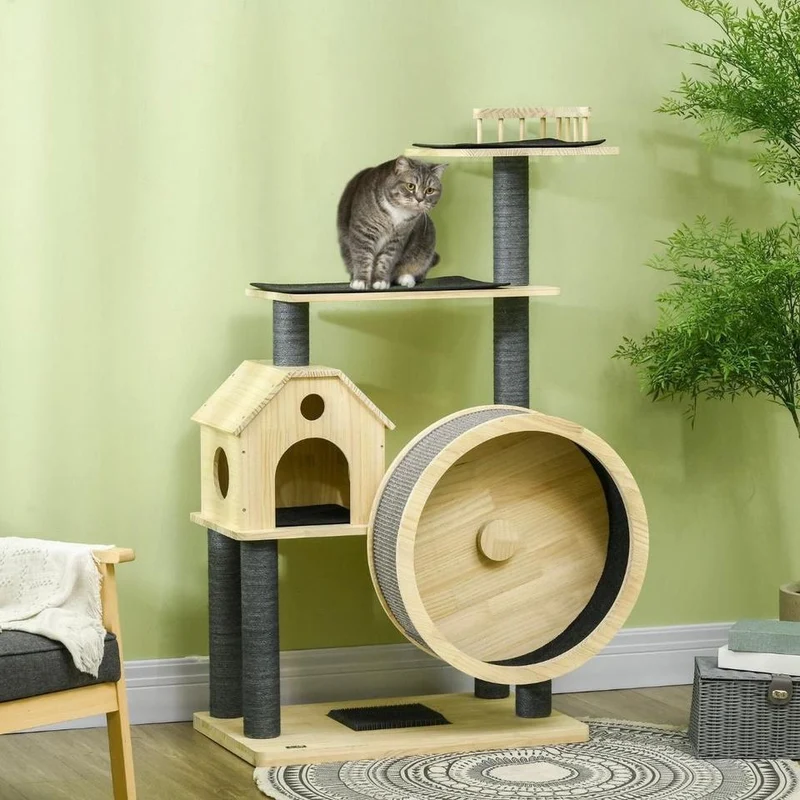 143cm Kratzbaum mit Laufrad Katzenbaum Holz
