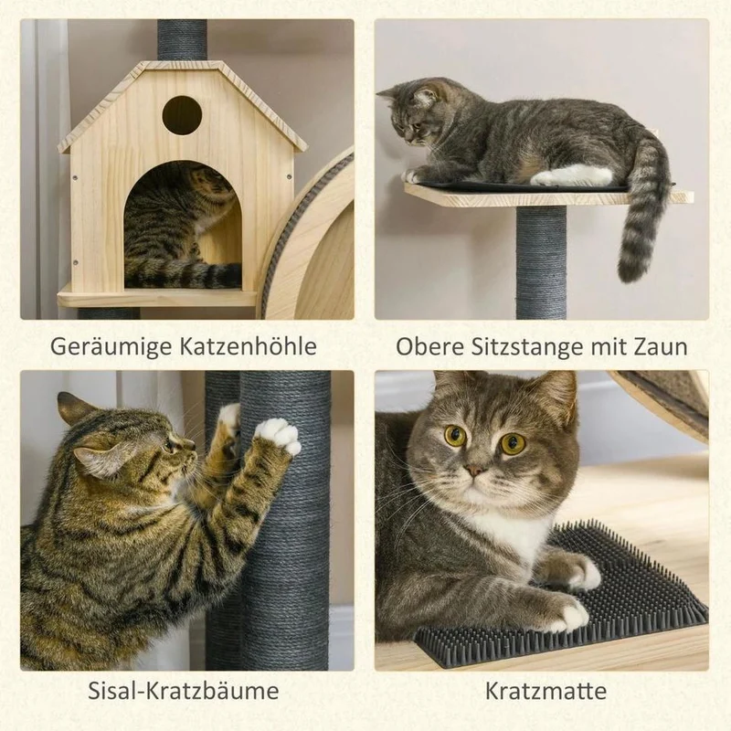 143cm Kratzbaum mit Laufrad Katzenbaum Holz
