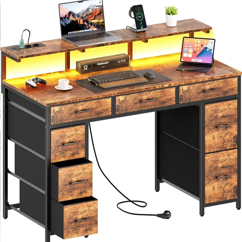 Gaming Schreibtisch LED Schubladen Tisch Schlafzimmer