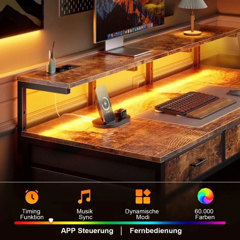 Gaming Schreibtisch LED Schubladen Tisch Schlafzimmer