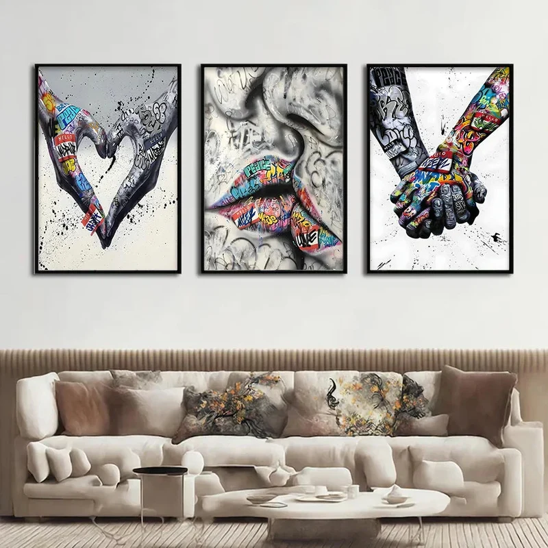 Skanto | 3-teiliges modernes Love Hand in Hand Kiss Kiss Poster Graffiti Banksy Street Wandkunst Leinwandbild Druck Bilder Heimdeko
