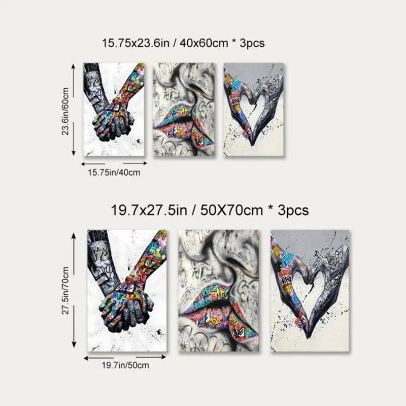 Skanto | 3-teiliges modernes Love Hand in Hand Kiss Kiss Poster Graffiti Banksy Street Wandkunst Leinwandbild Druck Bilder Heimdeko