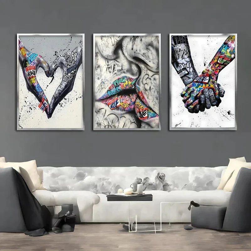 Skanto | 3-teiliges modernes Love Hand in Hand Kiss Kiss Poster Graffiti Banksy Street Wandkunst Leinwandbild Druck Bilder Heimdeko