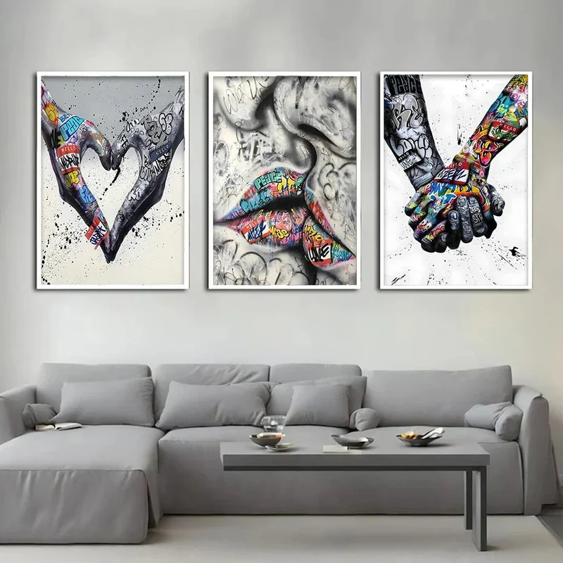 Skanto | 3-teiliges modernes Love Hand in Hand Kiss Kiss Poster Graffiti Banksy Street Wandkunst Leinwandbild Druck Bilder Heimdeko