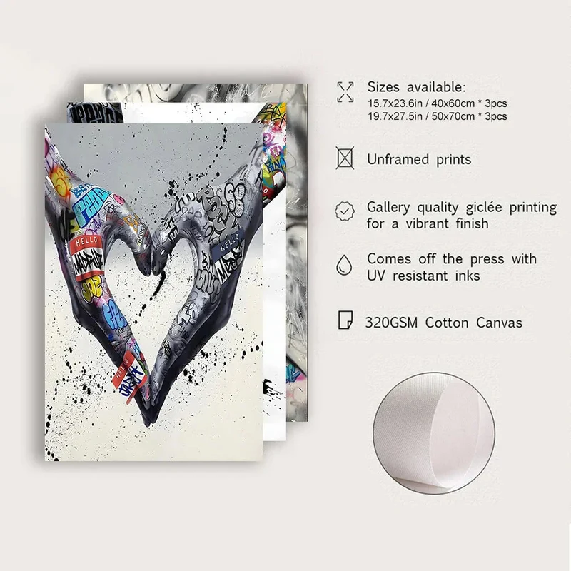 Skanto | 3-teiliges modernes Love Hand in Hand Kiss Kiss Poster Graffiti Banksy Street Wandkunst Leinwandbild Druck Bilder Heimdeko