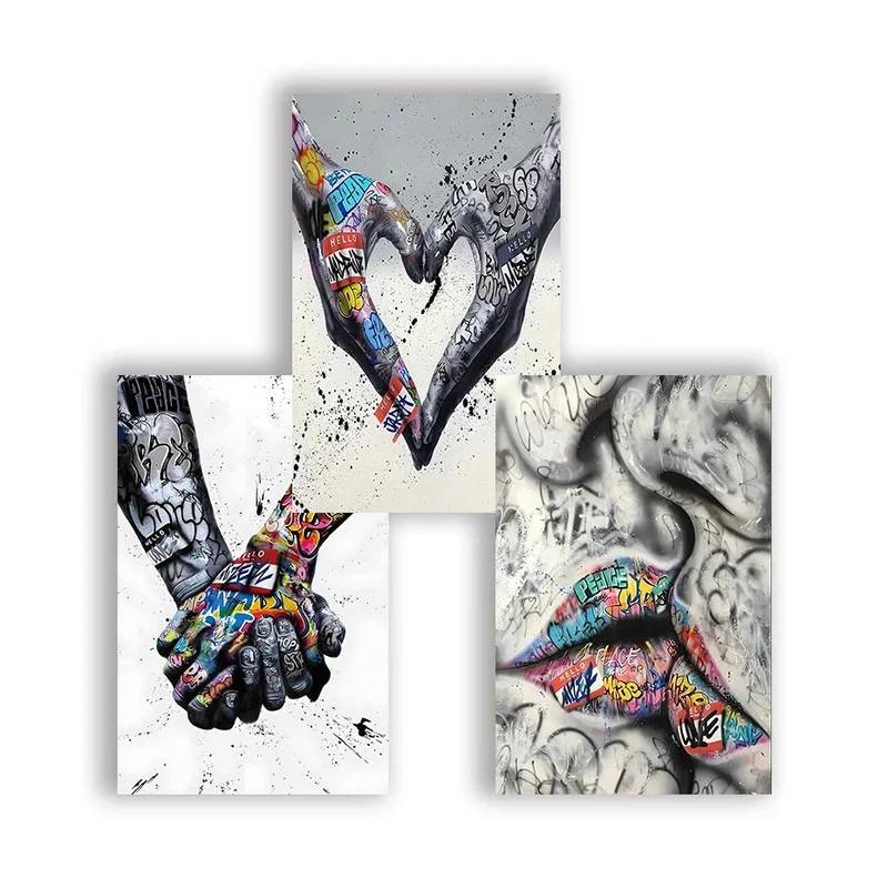 Skanto | 3-teiliges modernes Love Hand in Hand Kiss Kiss Poster Graffiti Banksy Street Wandkunst Leinwandbild Druck Bilder Heimdeko
