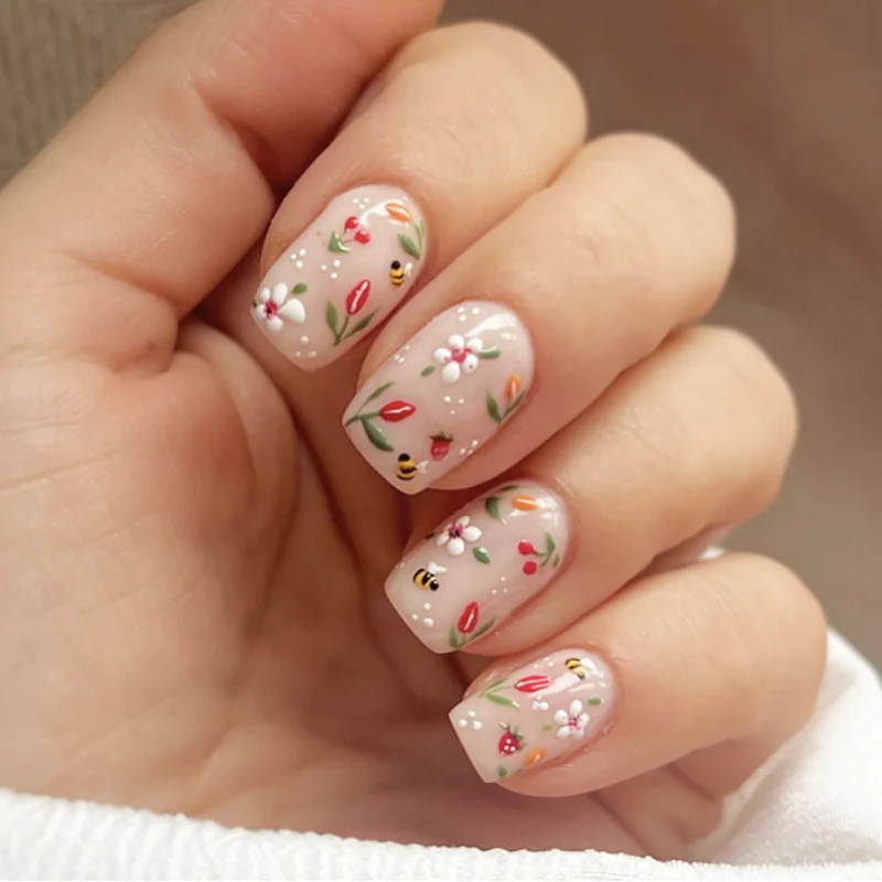 Blumen-Design Kurze Press-On Nägel