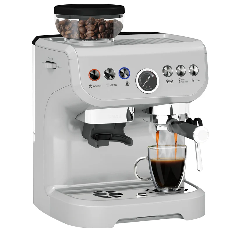 Espresso Machine with Integrated Bean Grinder & Steam Wand, Stainless Steel Silver