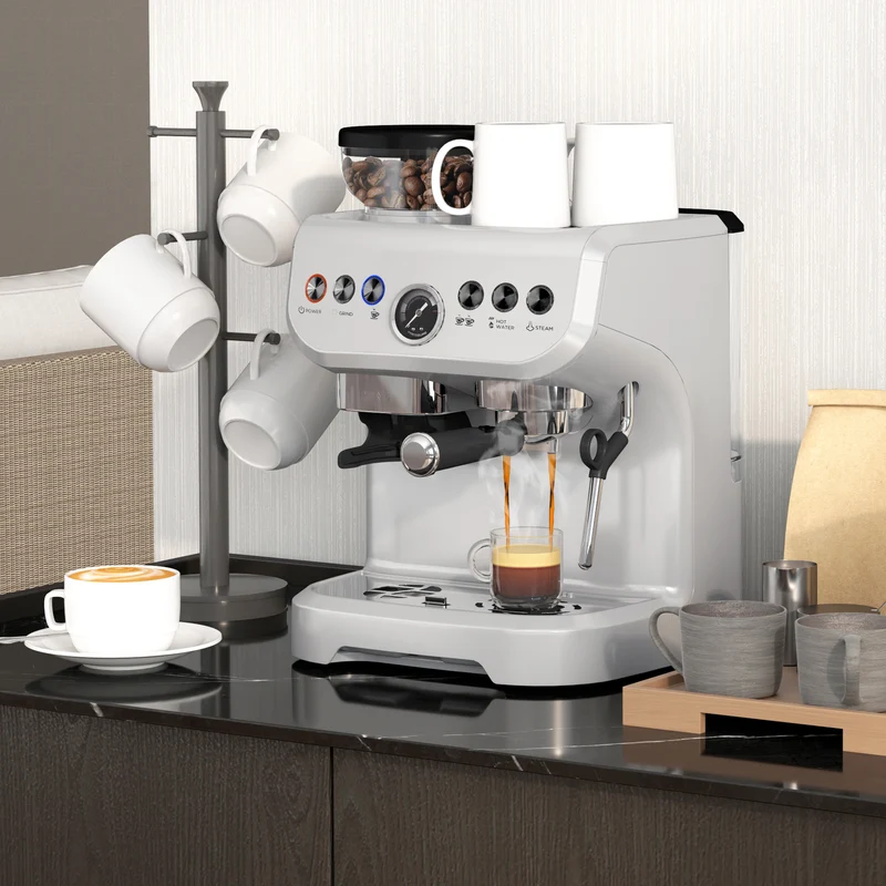 Espresso Machine with Integrated Bean Grinder & Steam Wand, Stainless Steel Silver
