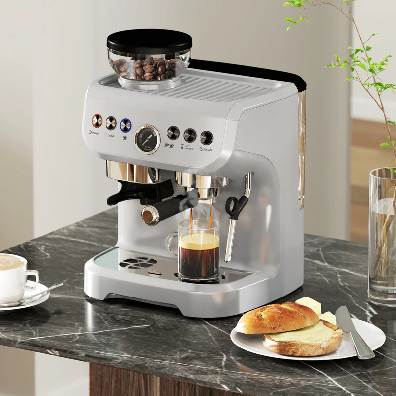 Espresso Machine with Integrated Bean Grinder & Steam Wand, Stainless Steel Silver