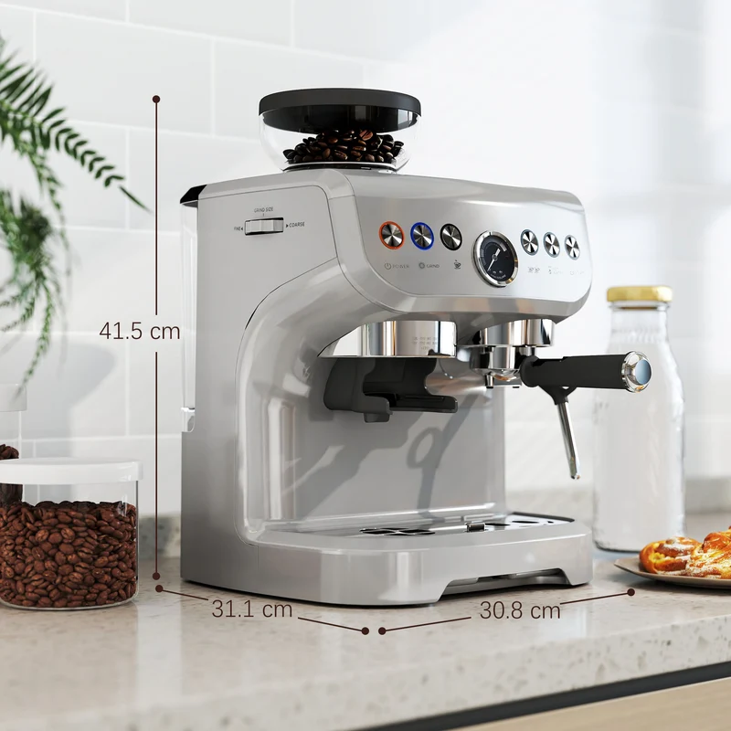 Espresso Machine with Integrated Bean Grinder & Steam Wand, Stainless Steel Silver