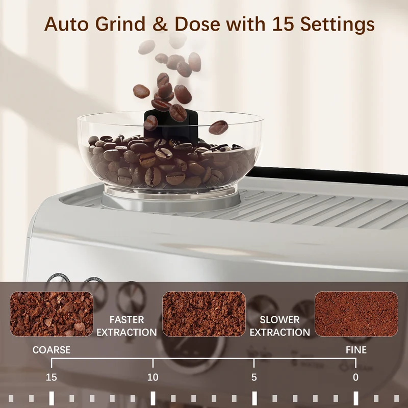 Espresso Machine with Integrated Bean Grinder & Steam Wand, Stainless Steel Silver