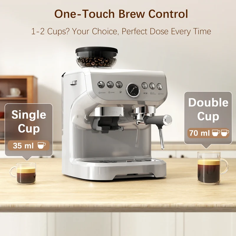 Espresso Machine with Integrated Bean Grinder & Steam Wand, Stainless Steel Silver