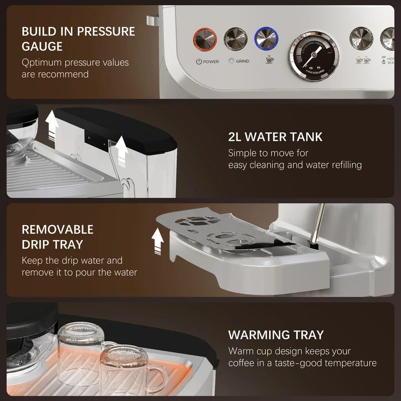 Espresso Machine with Integrated Bean Grinder & Steam Wand, Stainless Steel Silver