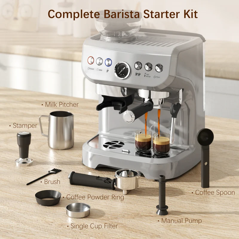 Espresso Machine with Integrated Bean Grinder & Steam Wand, Stainless Steel Silver