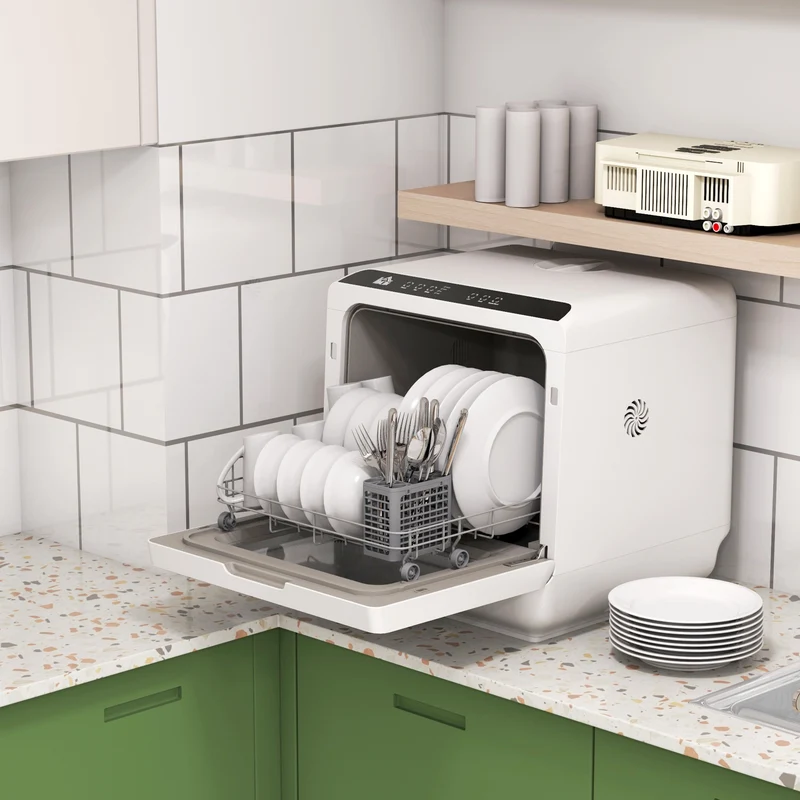 Table Top Dishwasher, Mini Countertop Dishwasher with Built-in 6L Water Tank, 6 Programs, White