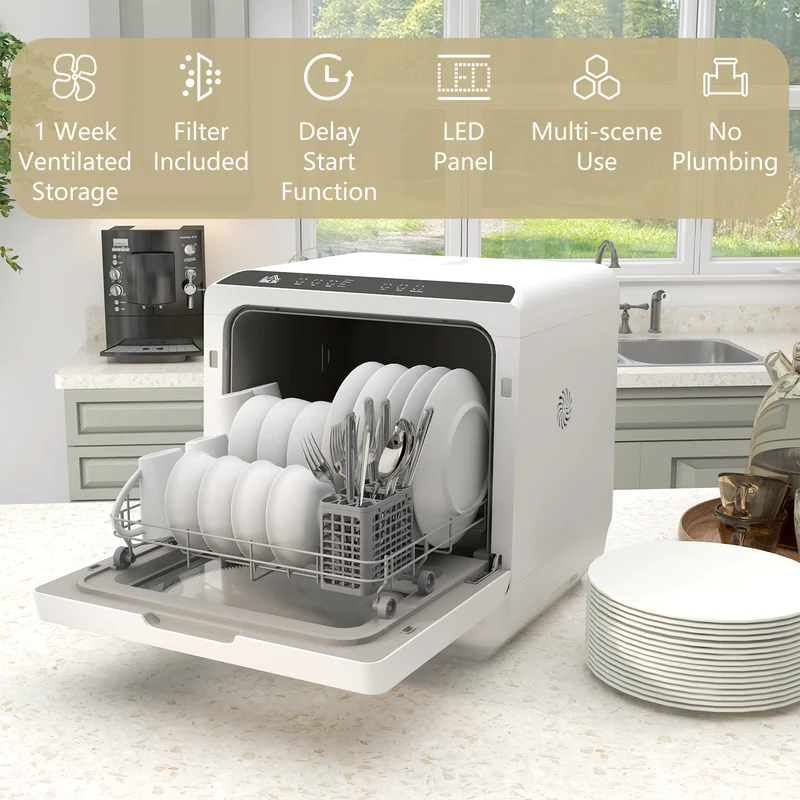 Table Top Dishwasher, Mini Countertop Dishwasher with Built-in 6L Water Tank, 6 Programs, White