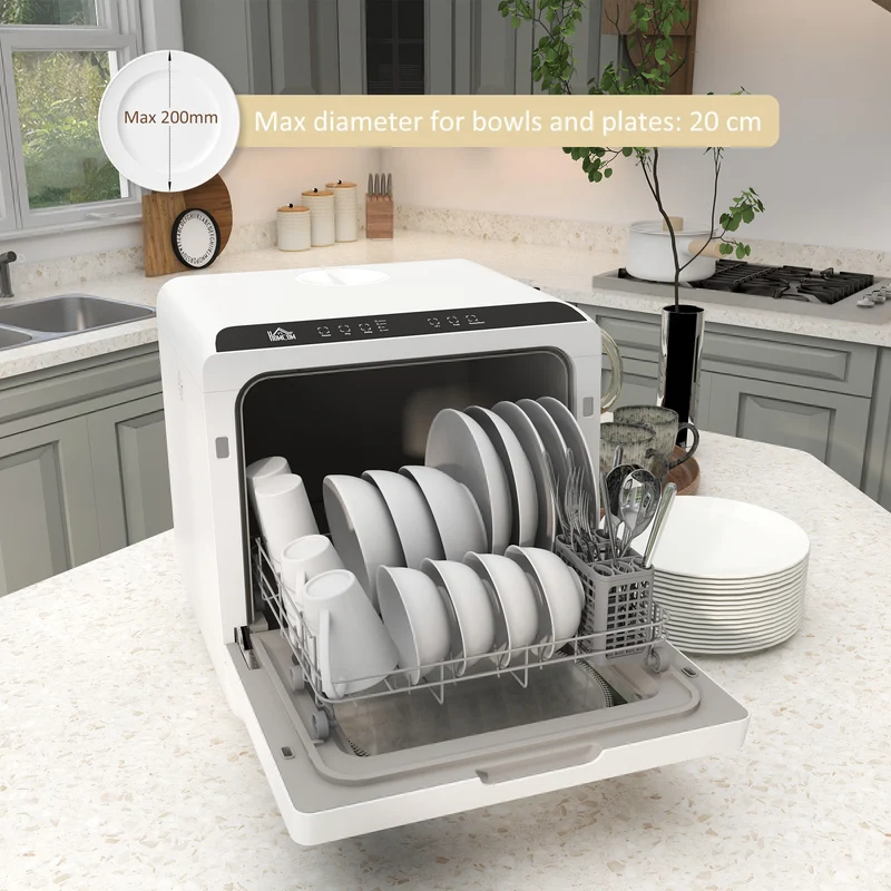 Table Top Dishwasher, Mini Countertop Dishwasher with Built-in 6L Water Tank, 6 Programs, White