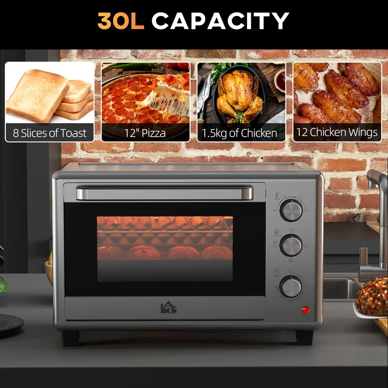 30 L Mini Oven, Countertop Electric Oven with Baking Tray and Wire Rack, 1600W, Silver